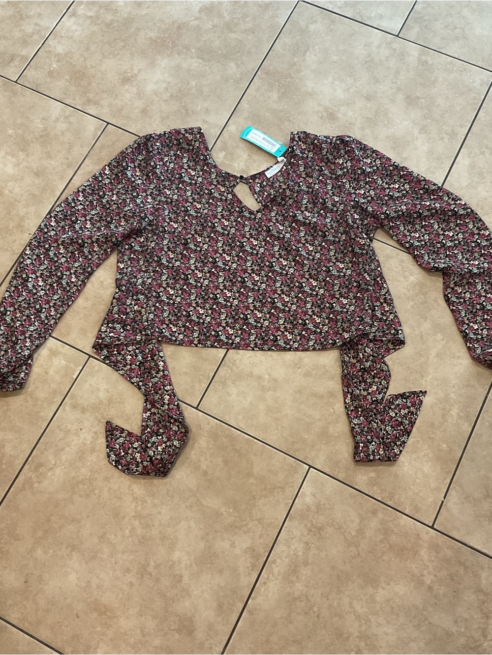 Lush Floral Tie-Front Long Sleeve Crop Top - Romantic Cottagecore